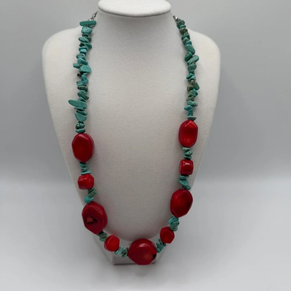 Chunky Red Sponge Coral and Turquoise Nugget Statement Necklace Silver Tone